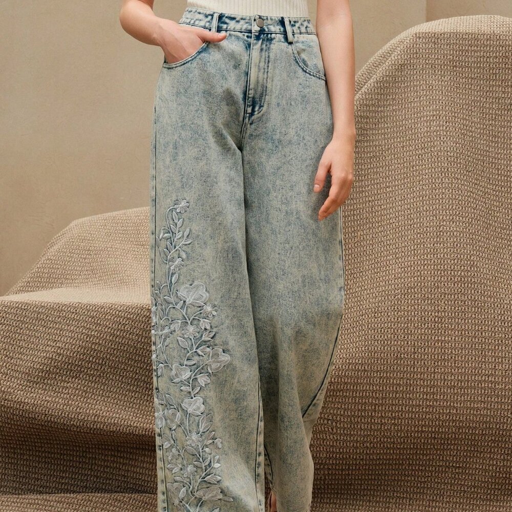 Teal Blue Elegant Women's Floral Trousers - Picture 4 of 6